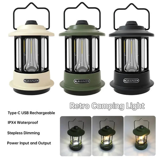 Vintage Camping Lamp Type-C USB Charging 2000Mah Portable Camping Light 3 Modes IPX4 Stepless Dimming with Hook Outdoor Lighting