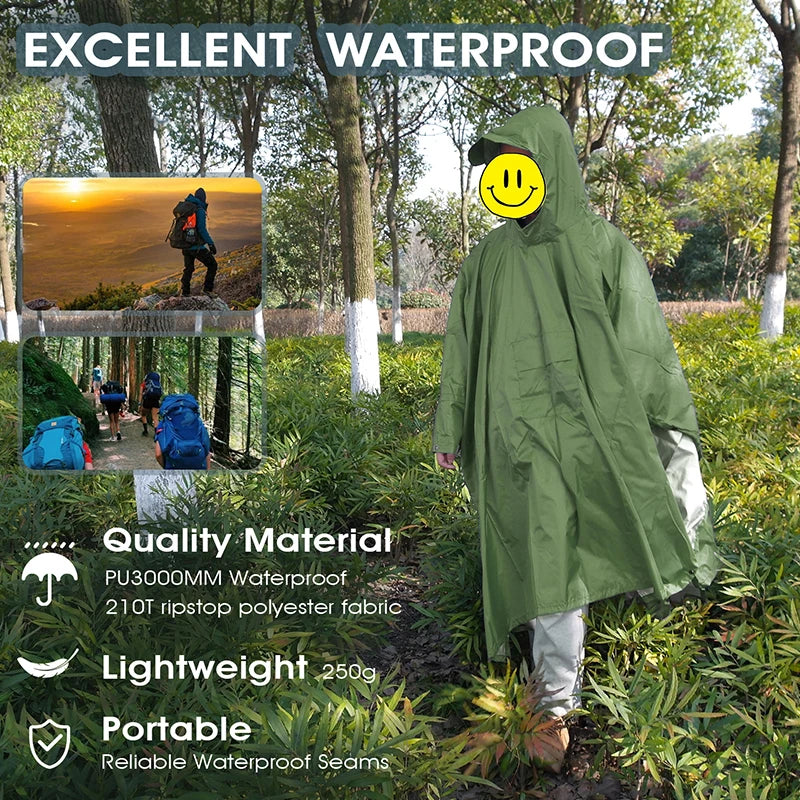 3 in 1 Outdoor Military Waterproof Raincoat Rain Coat Men Raincoat Women Awning from the Rain Motorcycle Rain Poncho Picnic Mat
